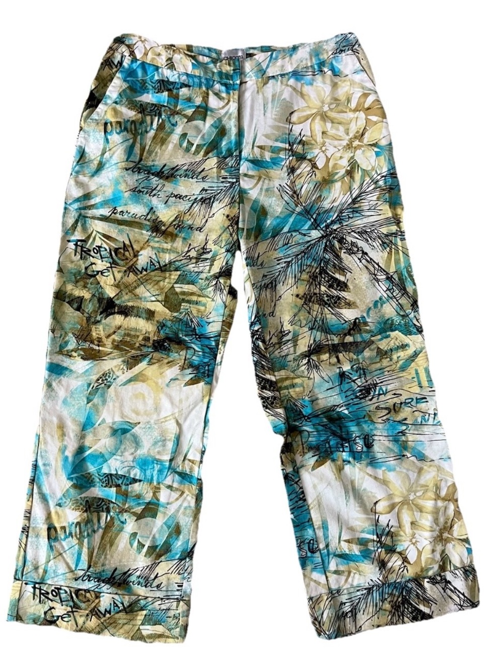 Chicos Wide Leg Blue Green Tropical Island Size 0.5 Women’s Size 6 Crop Pants